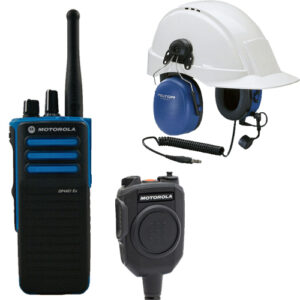 Motorola DP4401Ex met ATEX schoudermicrofoon en gehoorbeschermende Peltor headset